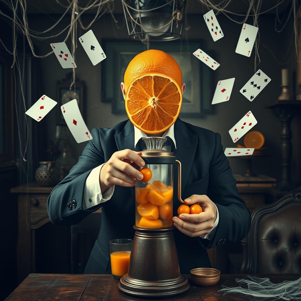 A realistic photo montage of a magical man with half of his face resembling an orange, skillfully juicing oranges in an old-fashioned juicer