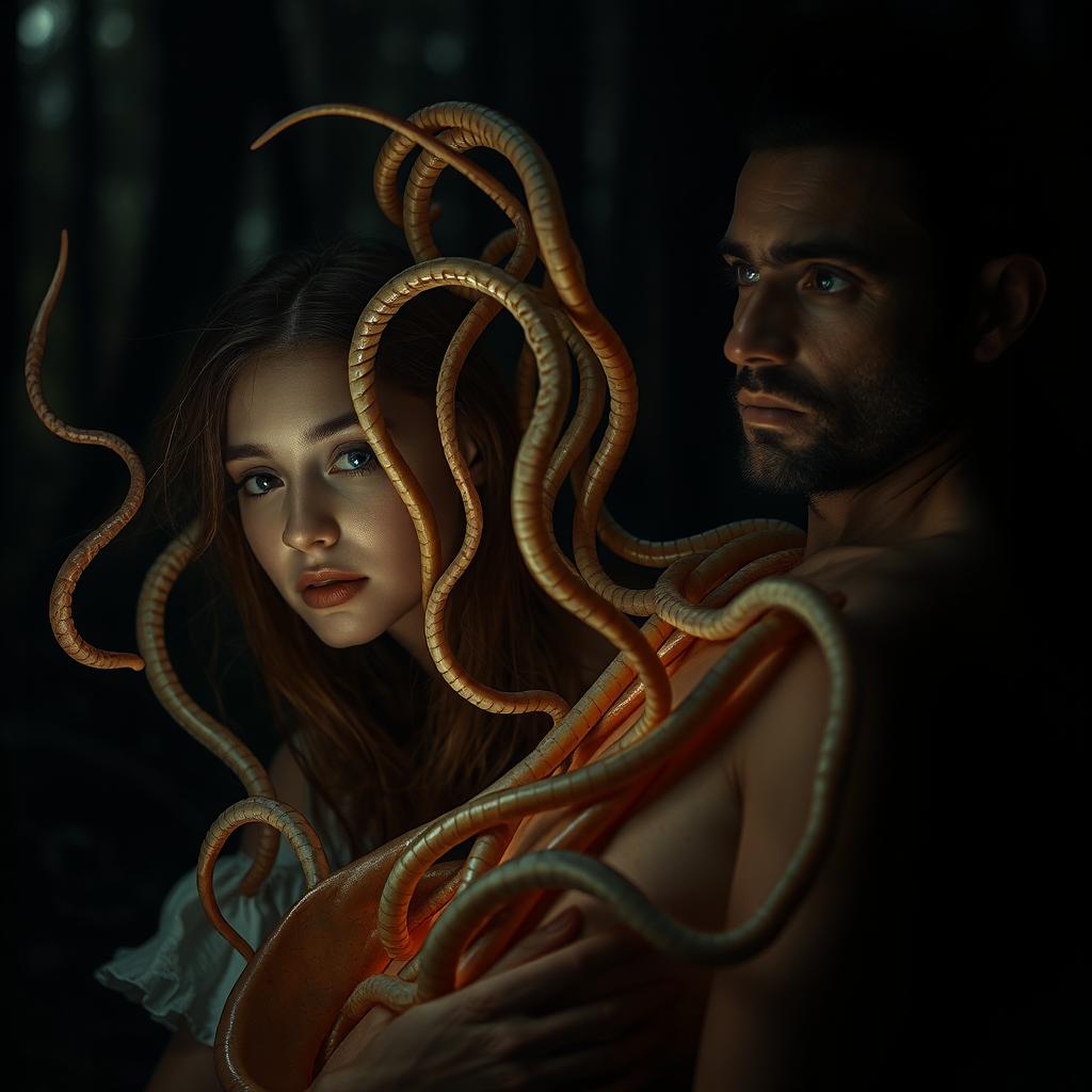 A surreal scene where very long, flowing worms are emerging from a girl, intertwining in a captivating way as they move towards a man's body, creating a sense of mystery and intrigue