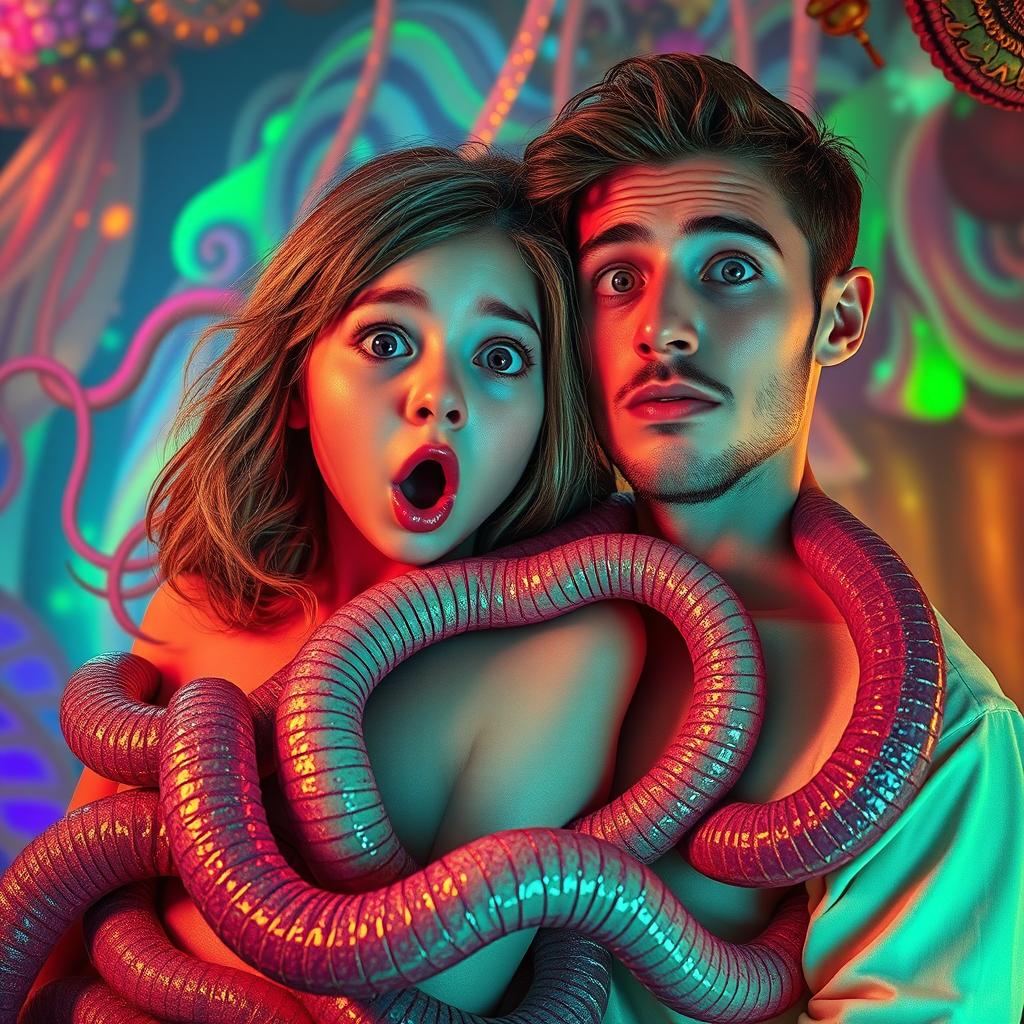A surreal and imaginative scene depicting very long, slimy worms emerging from a girl's body and slithering into a man's body