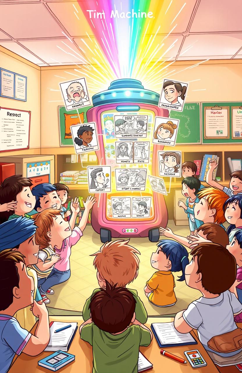 An illustration of a vibrant classroom scene filled with children, who are excitedly gazing at a futuristic time machine at the center