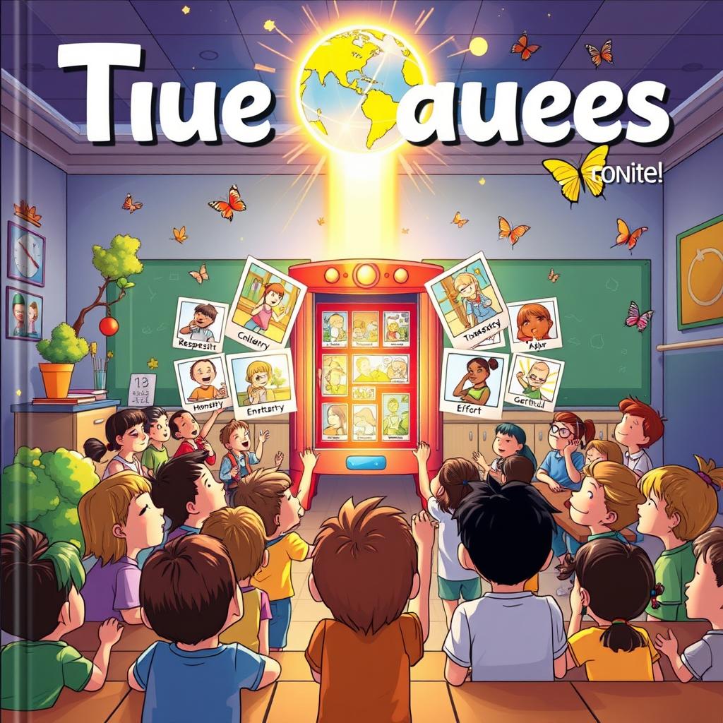 An imaginative cover illustration showing a dynamic classroom filled with diverse children, eagerly observing a vibrant time machine at the center
