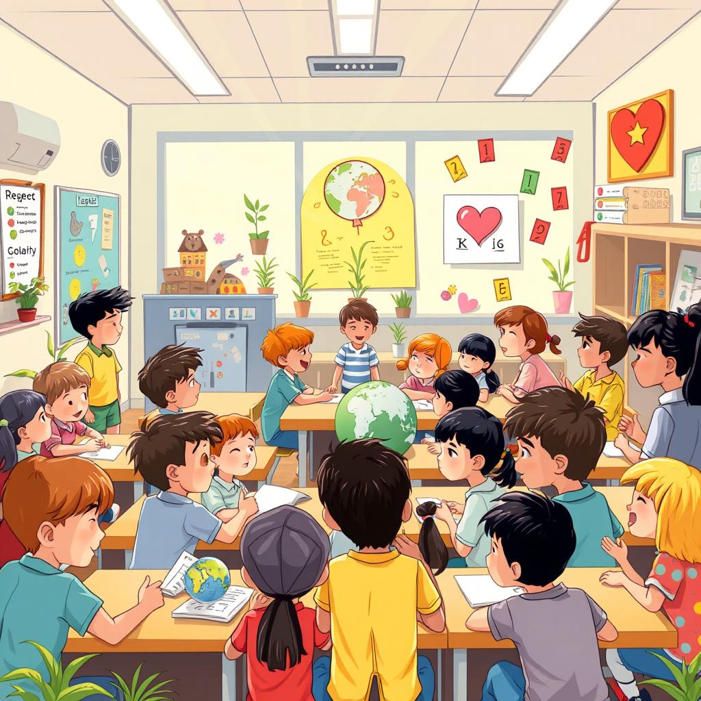 A visually engaging A4 cover illustration that portrays a lively classroom filled with diverse children, all deeply engaged in activities that reflect the learning of social values essential for building a better world