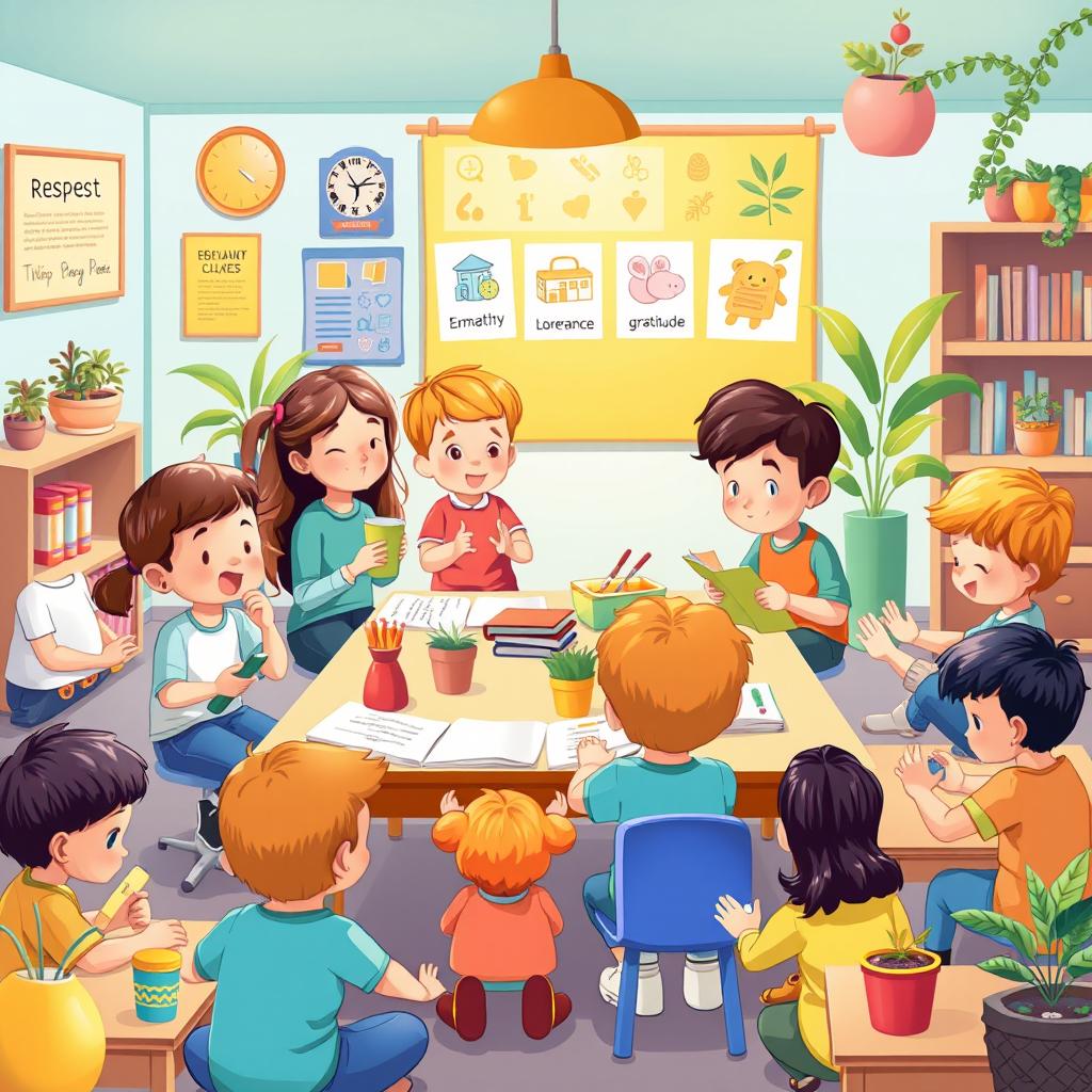 An enchanting A4 illustration depicting a scene of children engaging in learning activities that embody the values of Respect, Responsibility, Solidarity, Empathy, Honesty, Tolerance, Effort, Gratitude, Self-Control, and Humility