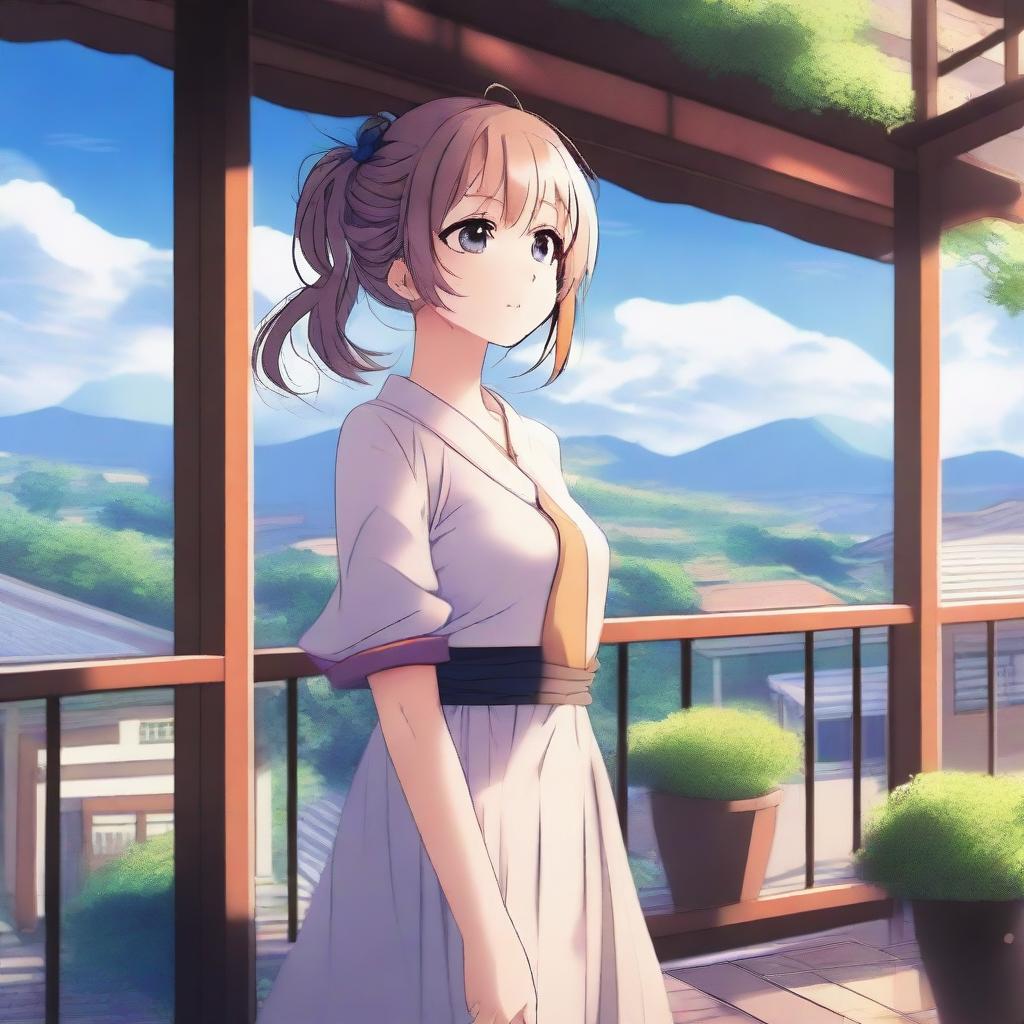 A high-quality digital art piece featuring an anime-style girl standing on a terrace