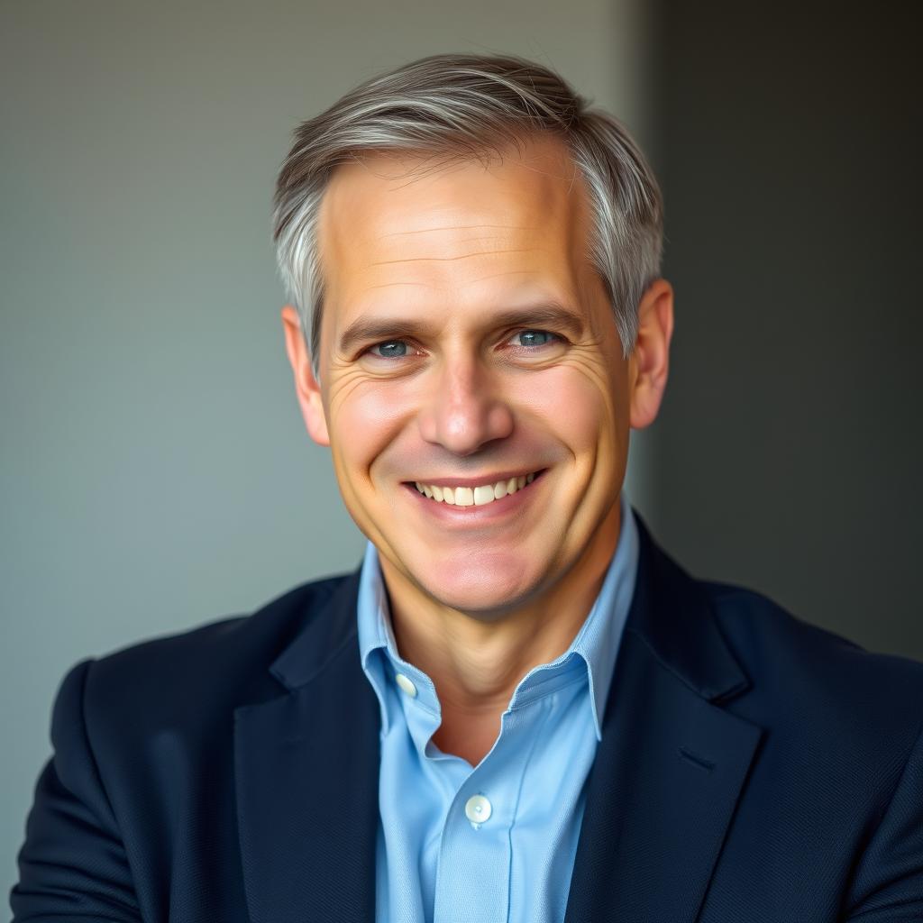 A portrait of a confident, stylish middle-aged man with sparse hair, showcasing a warm smile