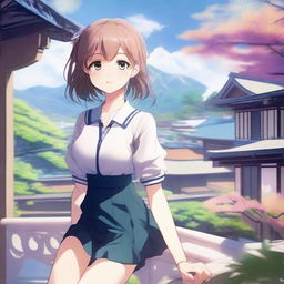 A high-quality digital art piece featuring an anime-style girl standing on a terrace