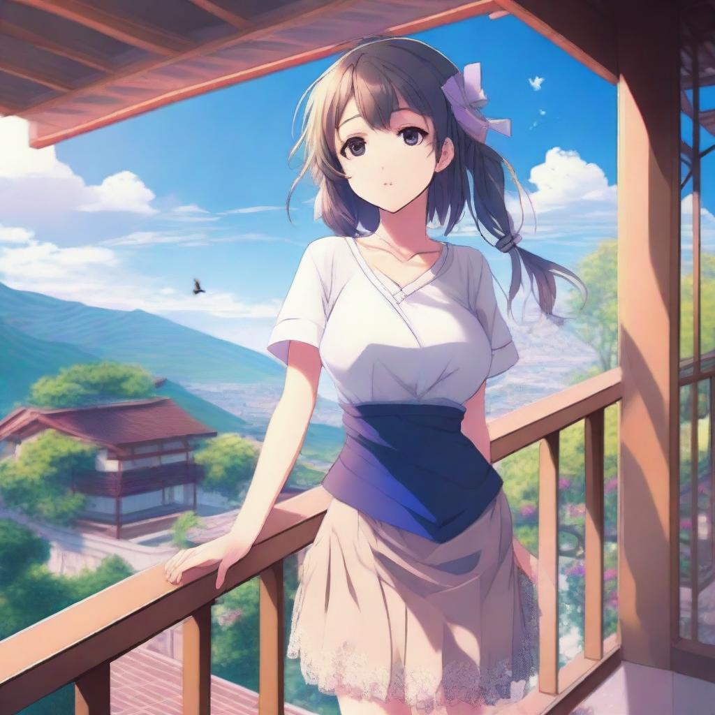 A high-quality digital art piece featuring an anime-style girl standing on a terrace