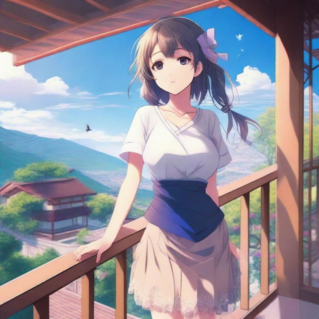 A high-quality digital art piece featuring an anime-style girl standing on a terrace