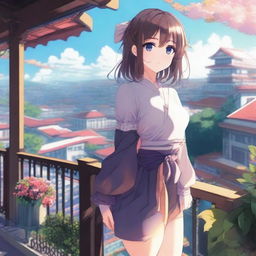 A high-quality digital art piece featuring an anime-style girl standing on a terrace