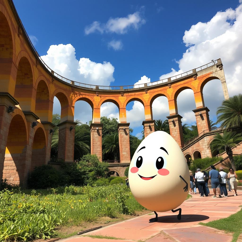 A whimsical scene featuring the iconic aqueduct of Morelia, Mexico, with a giant, cartoonish egg walking beside it