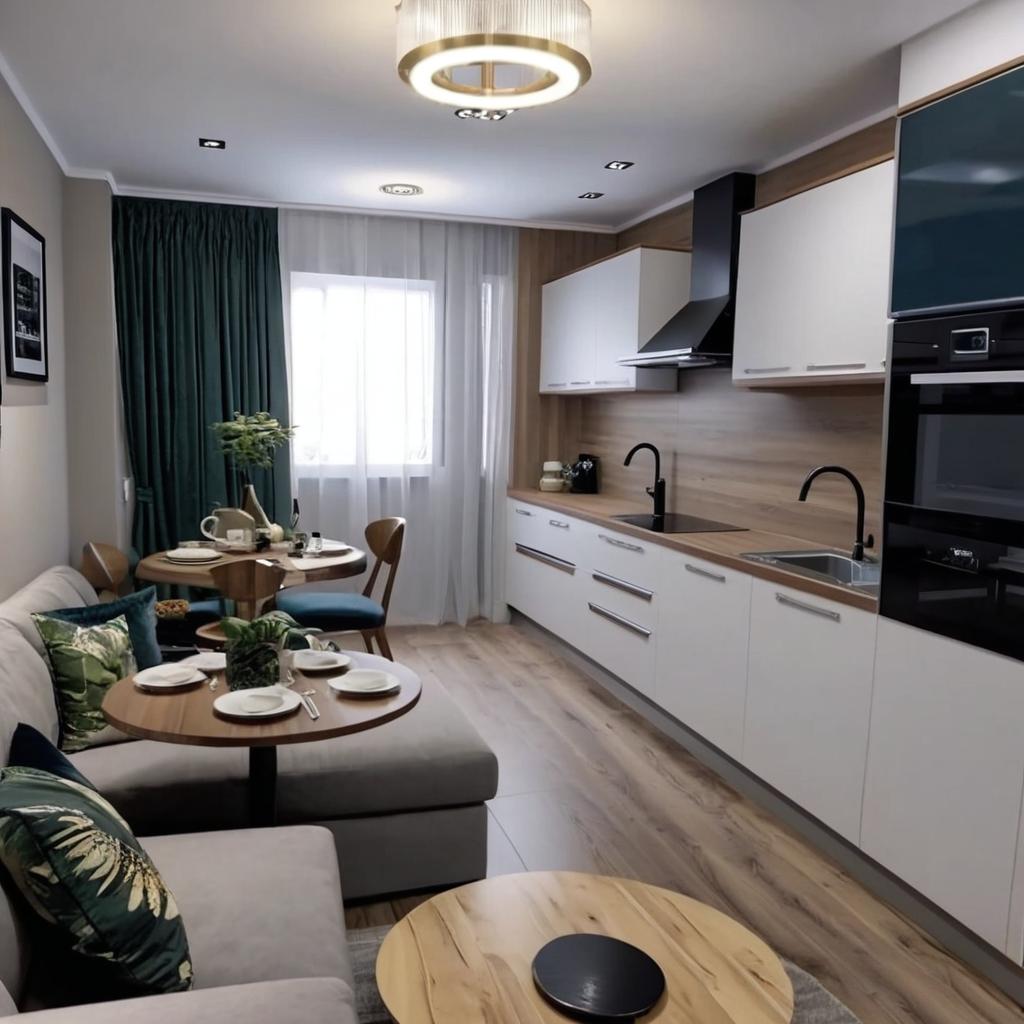 Imagine a small kitchen and living room mainly in blue colors  with 3.6 meters kitchen furniture,  a sofa, a round dining table with four chairs. Suggest the rest