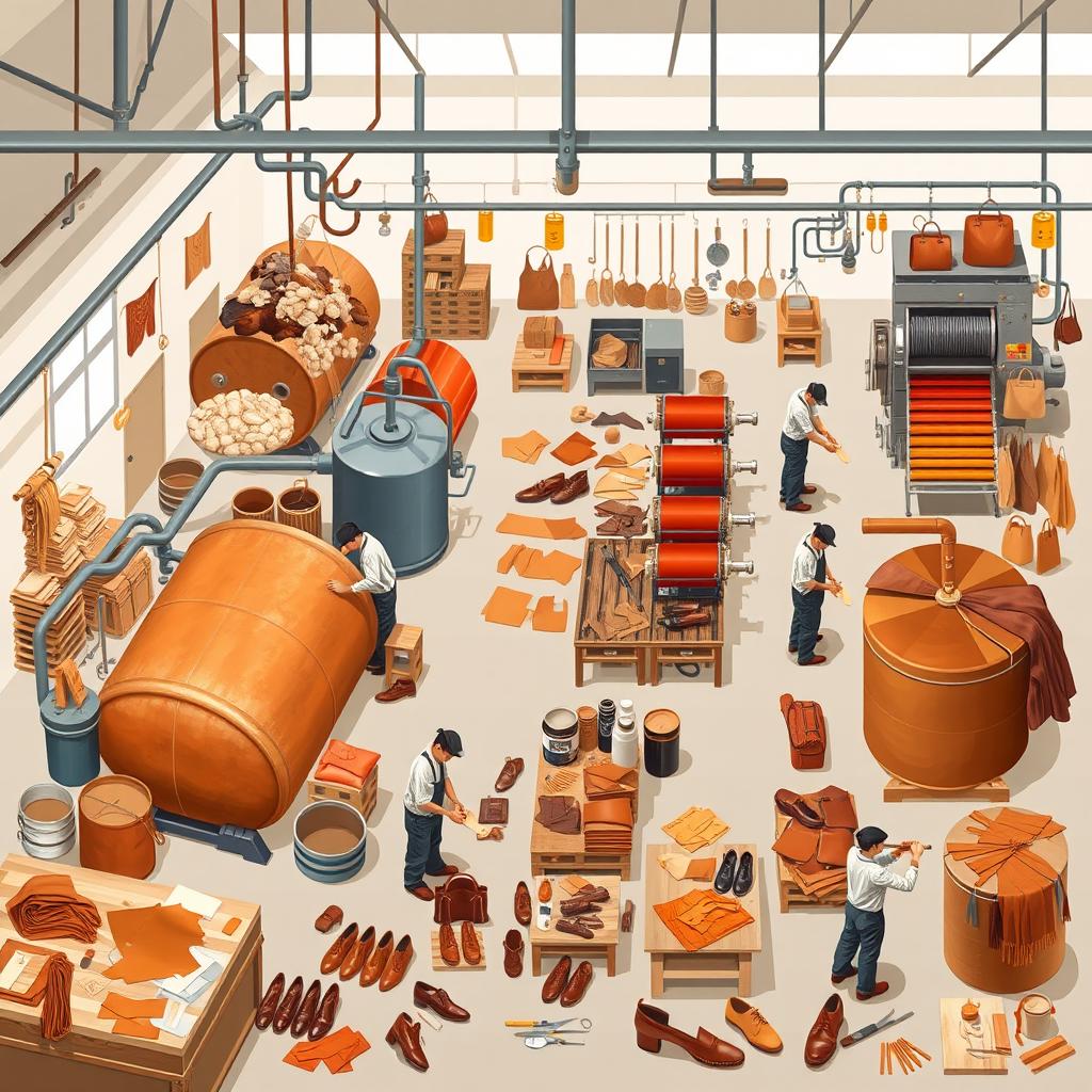 A detailed and informative illustration of the leather manufacturing process