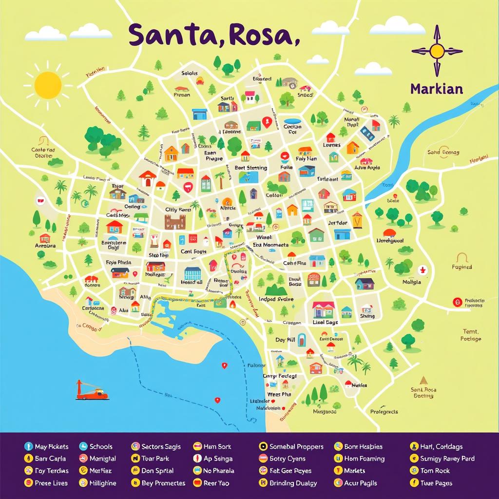 A detailed community map of Santa Rosa, Laguna, showcasing key landmarks, roads, parks, and public transportation lines