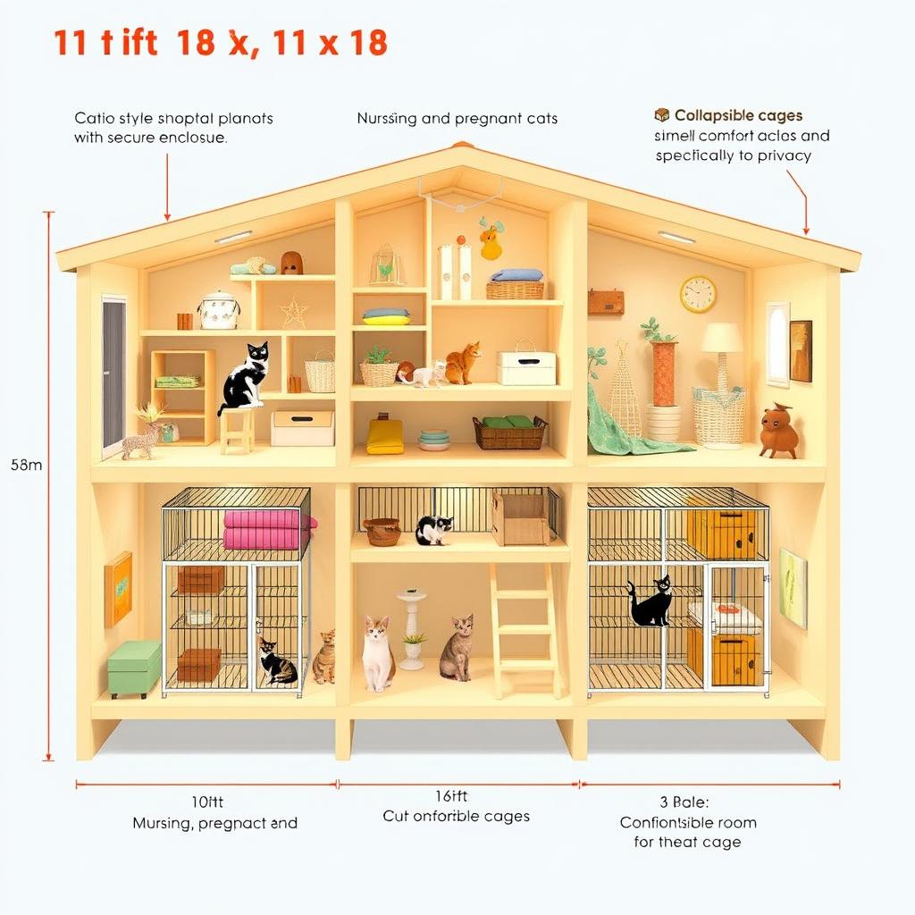 An architectural design for a cattery, measuring 11ft x 18ft, featuring three distinct elevated partitions