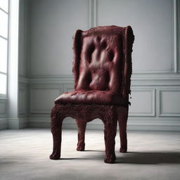 A macabre digital art piece portraying a chair sculpted entirely from human skin