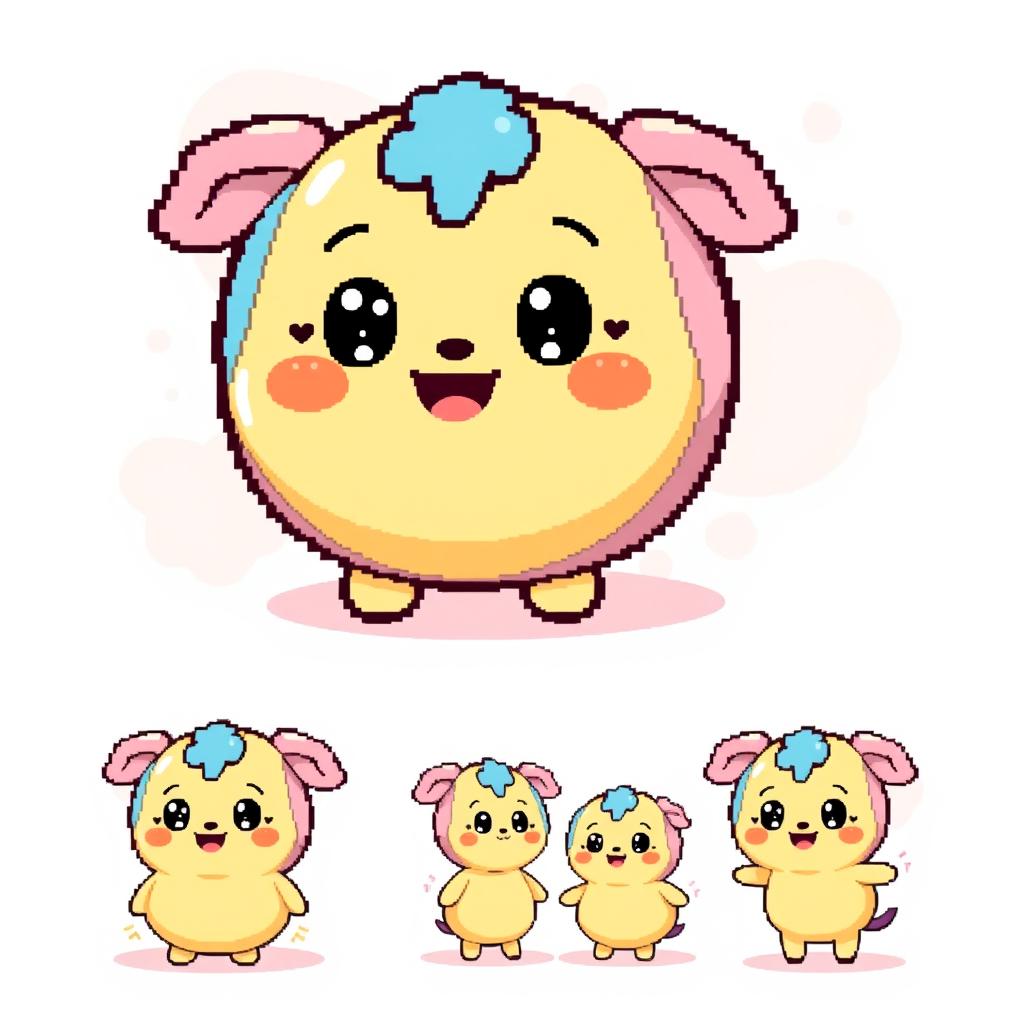 A cute plush toy character designed in pixel art style, featuring a round body, big sparkling eyes, and a joyful expression