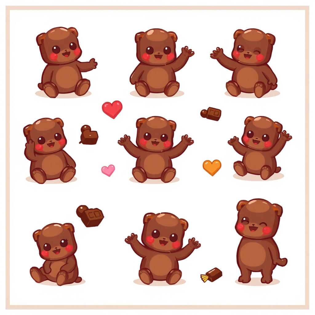 A pixel art spritesheet featuring adorable chocolate stuffed toys (peluche de chocolate), showcasing various poses and expressions such as sitting, standing, lying down, and waving