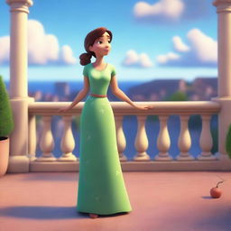 This is a Pixar-style 3D render of a woman standing on a terrace, gazing peacefully at the sky