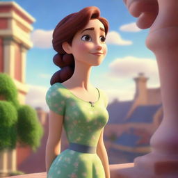 This is a Pixar-style 3D render of a woman standing on a terrace, gazing peacefully at the sky