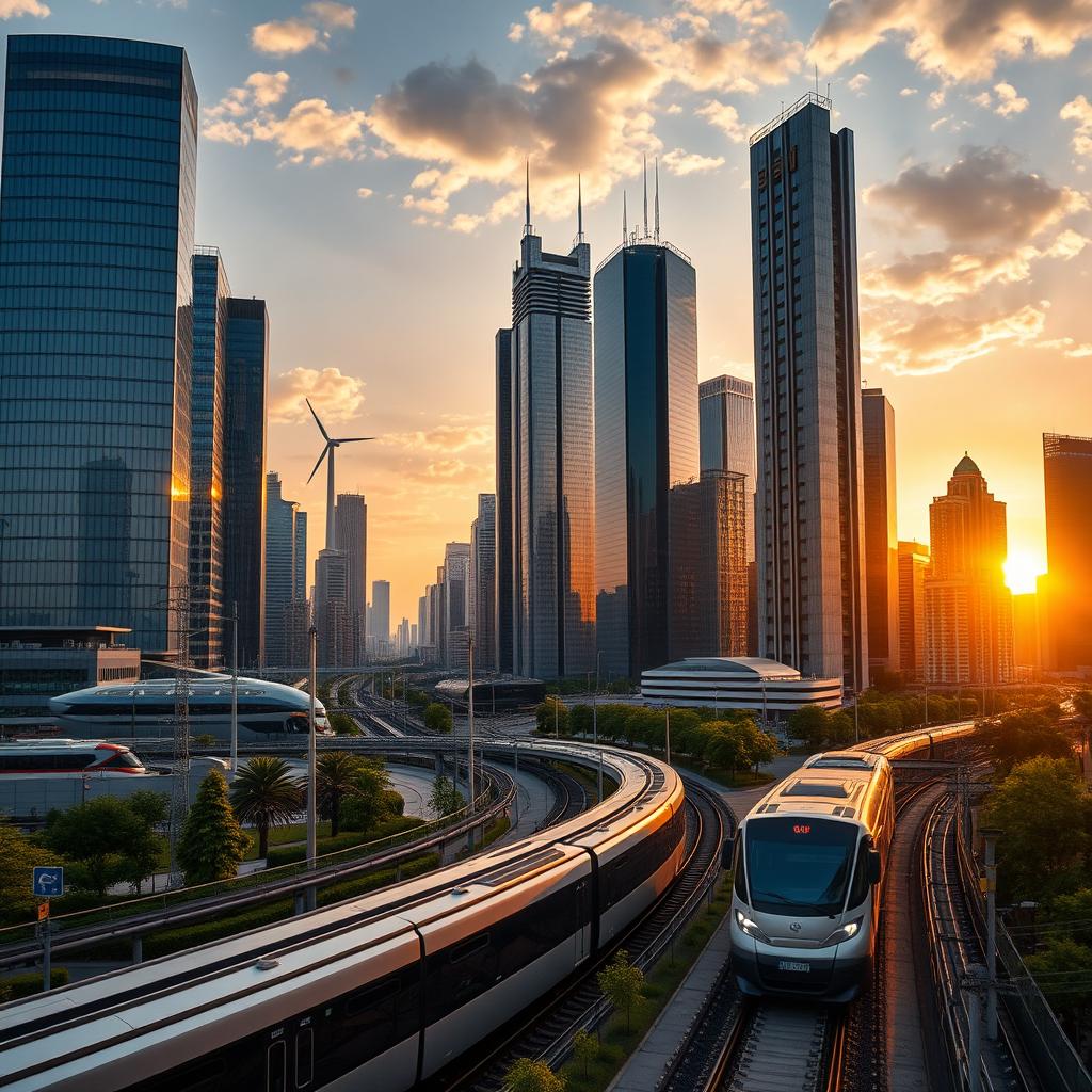 A dynamic urban skyline showcasing modern industrial innovation with sleek skyscrapers, wind turbines, and solar panels integrated into the architecture