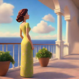 This is a Pixar-style 3D render of a woman standing on a terrace, gazing peacefully at the sky