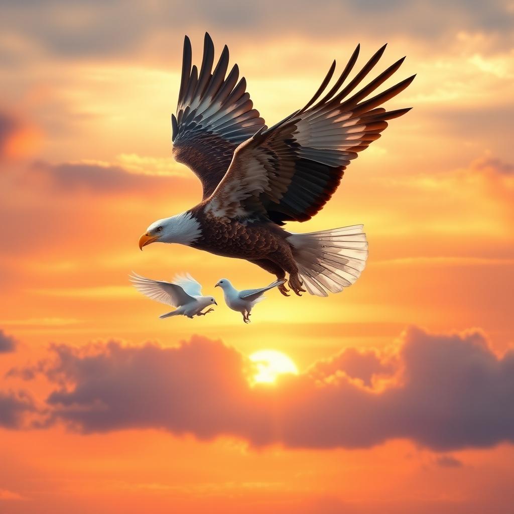 An enchanting scene featuring a majestic eagle gracefully dancing with a gentle dove in a serene sky