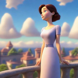 This is a Pixar-style 3D render of a woman standing on a terrace, gazing peacefully at the sky