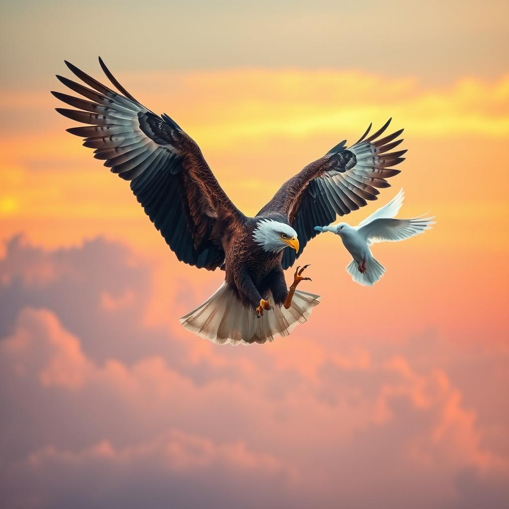 A captivating scene featuring a single majestic eagle dancing with a single elegant white dove in a tranquil sky