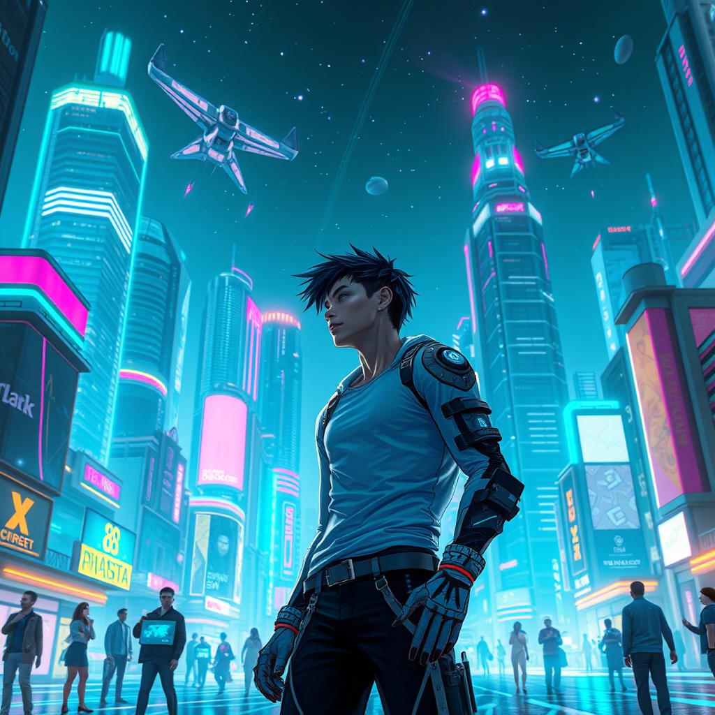 8ne, an exceptional blend of fantasy and technology, capturing the essence of a futuristic cityscape under a starlit sky