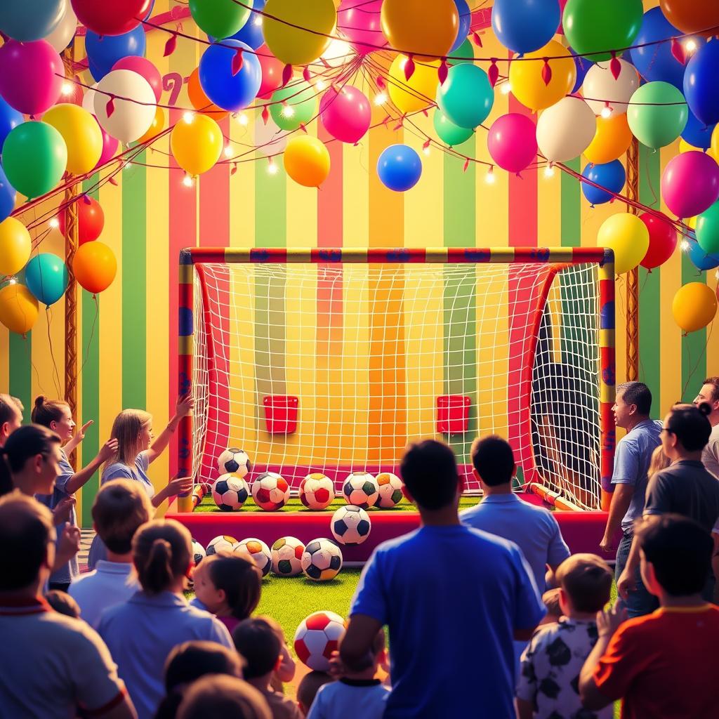A festive design for a carnival penalty shootout game, featuring a vibrant and colorful background with balloons, streamers, and lights