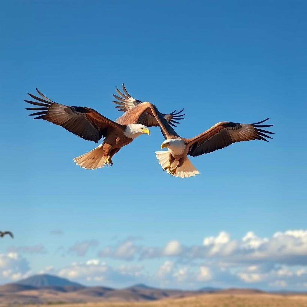 A breathtaking scene featuring two eagles dancing gracefully together against a backdrop of a clear blue sky