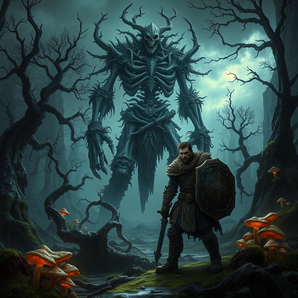 A detailed fantasy landscape featuring a massive, imposing character inspired by Bonemass from Valheim, standing in the background