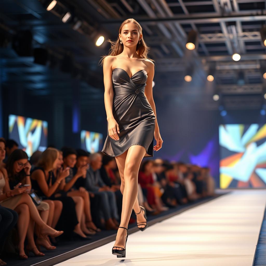 A beautiful model confidently walking in full view on the runway, wearing high-heeled shoes