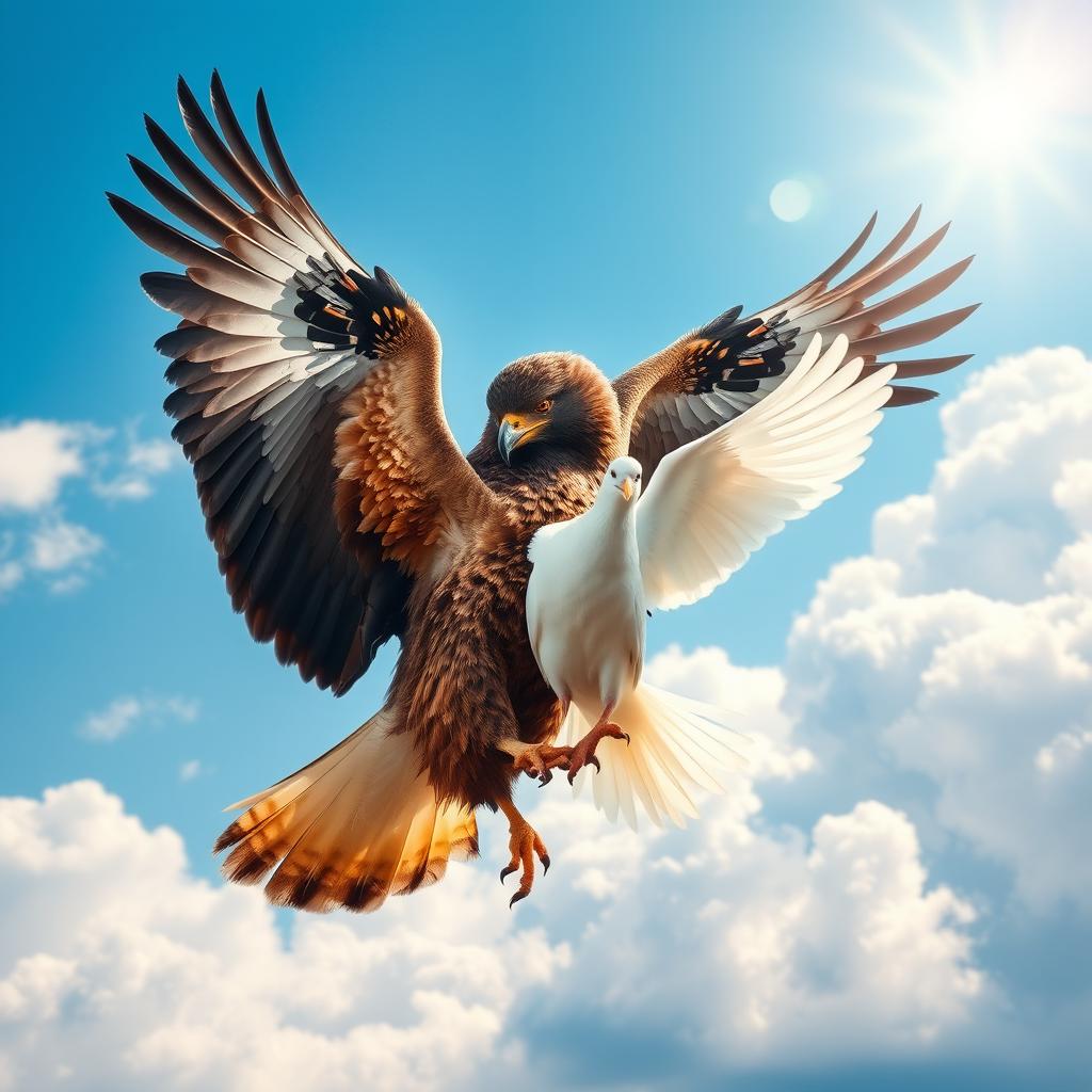 An eagle gracefully dancing with a large, beautiful white dove in a serene, lively setting