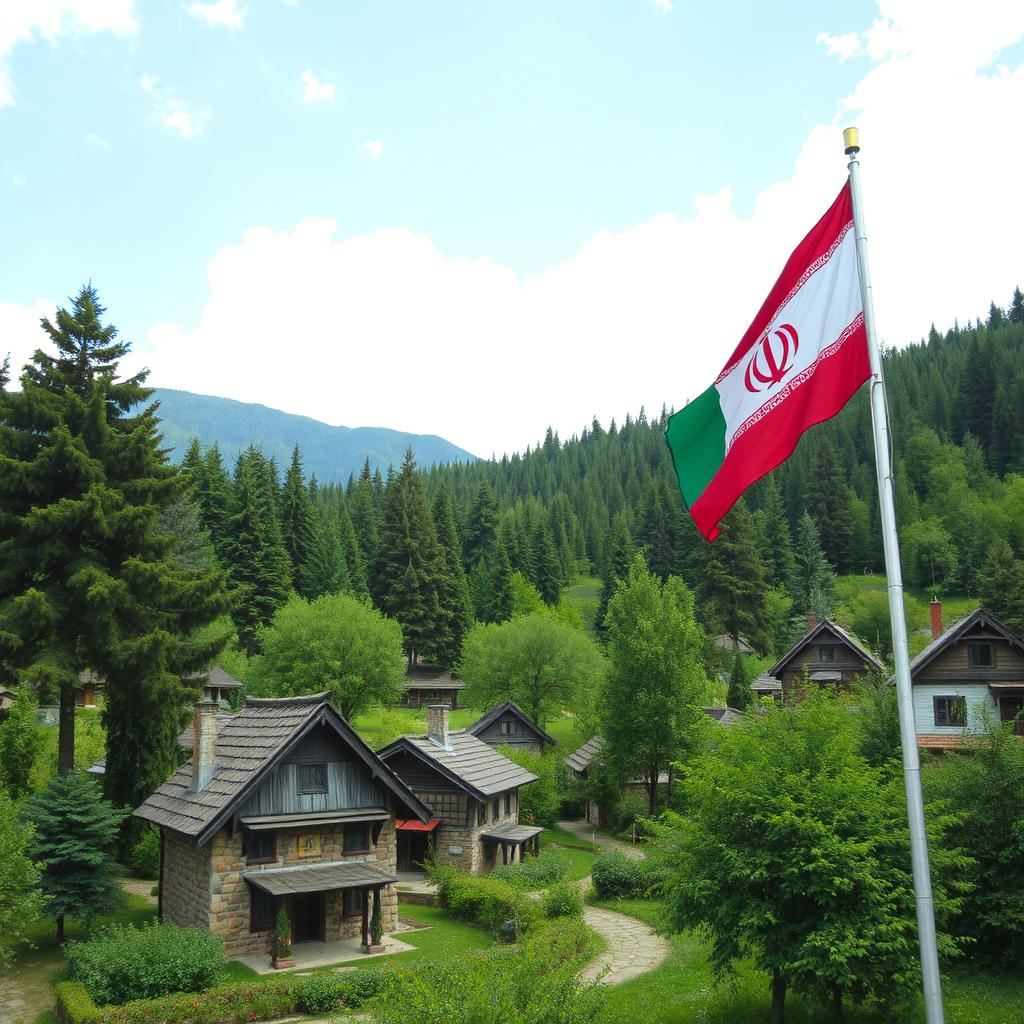 A picturesque scene of the northern forests of Iran showcasing lush greenery and traditional Iranian village architecture