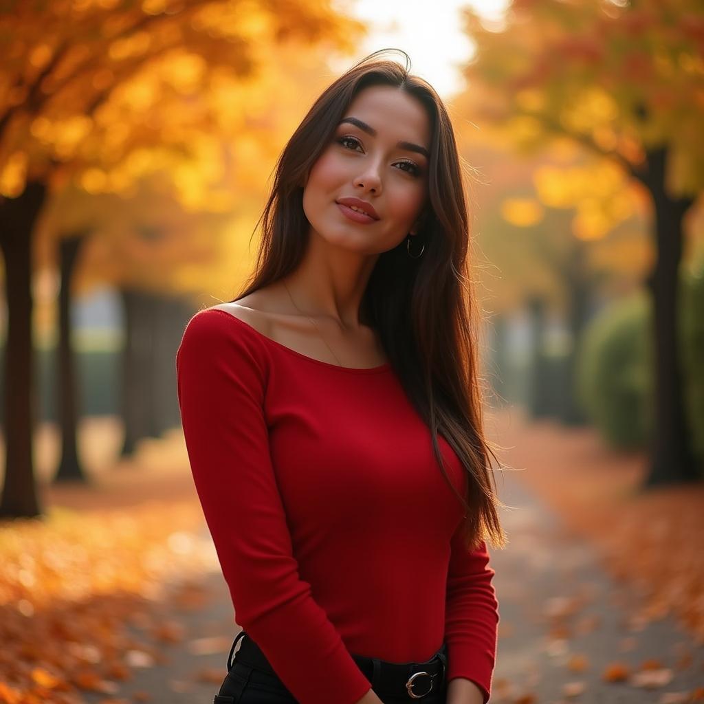 A stunning Dutch woman with a petite frame and big breasts, exuding a playful and naughty charm, standing confidently in a vibrant autumn setting