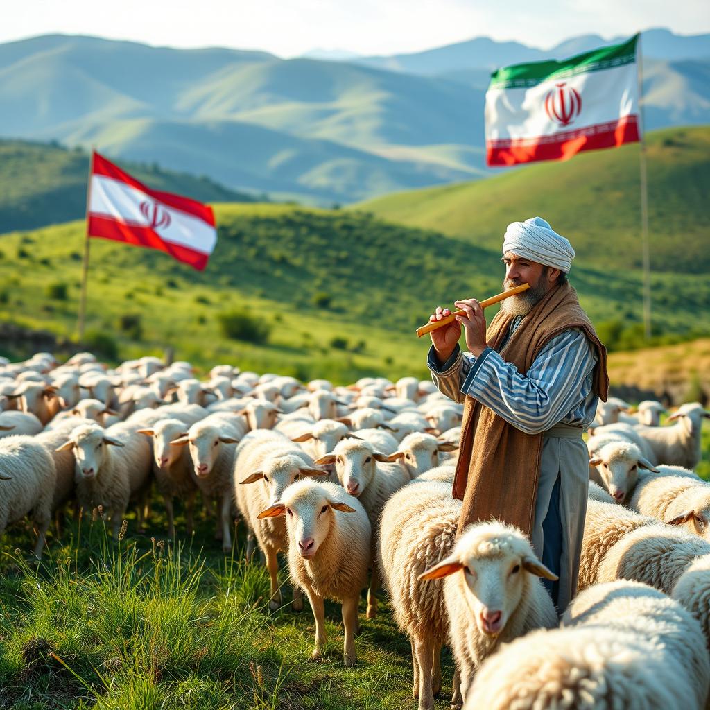 A pristine and unspoiled nature setting in Iran, depicting a man dressed in traditional Iranian clothing, playing the flute while guiding his flock of sheep to a pasture