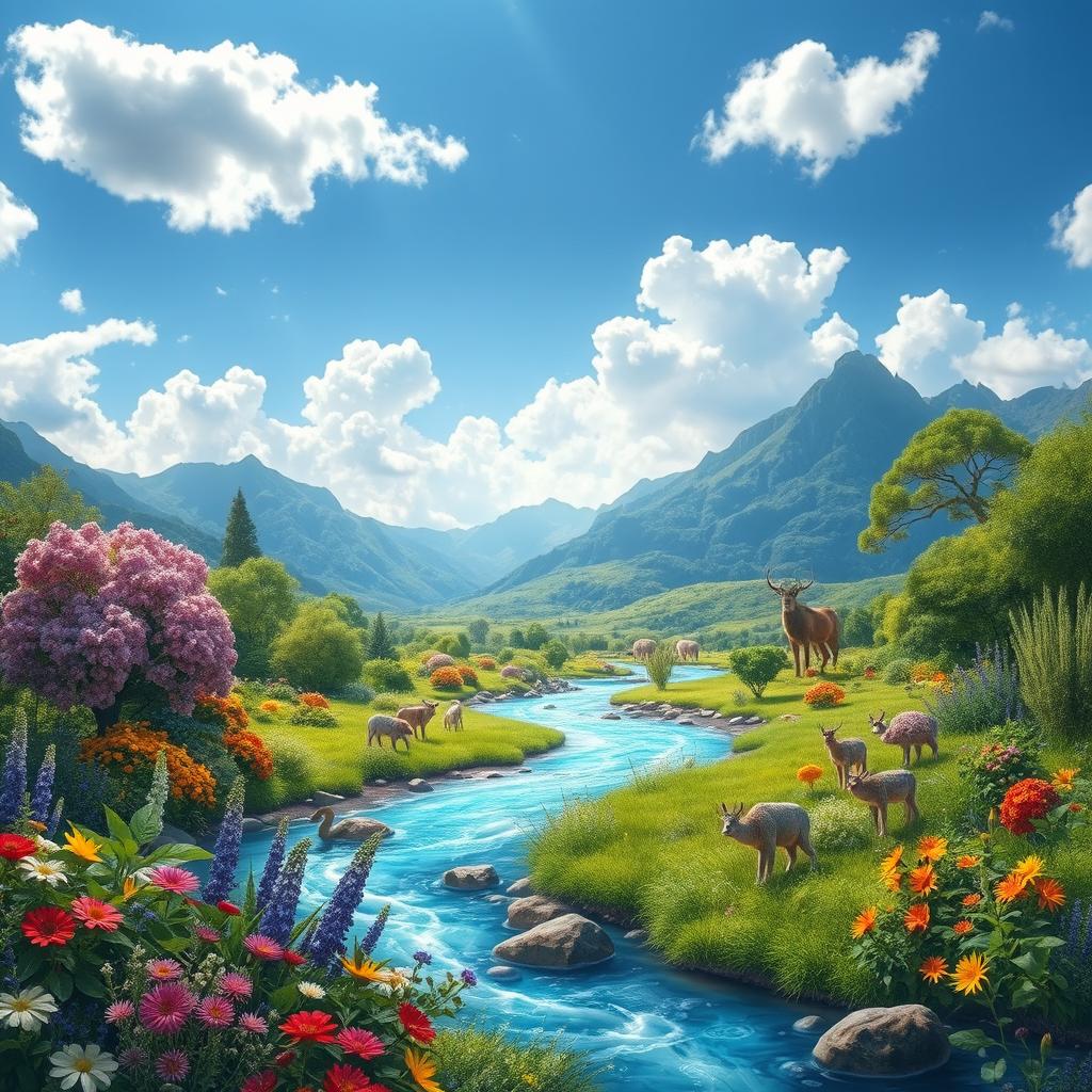 A beautiful and serene representation of the environment where we live, depicting a lush and pristine natural landscape