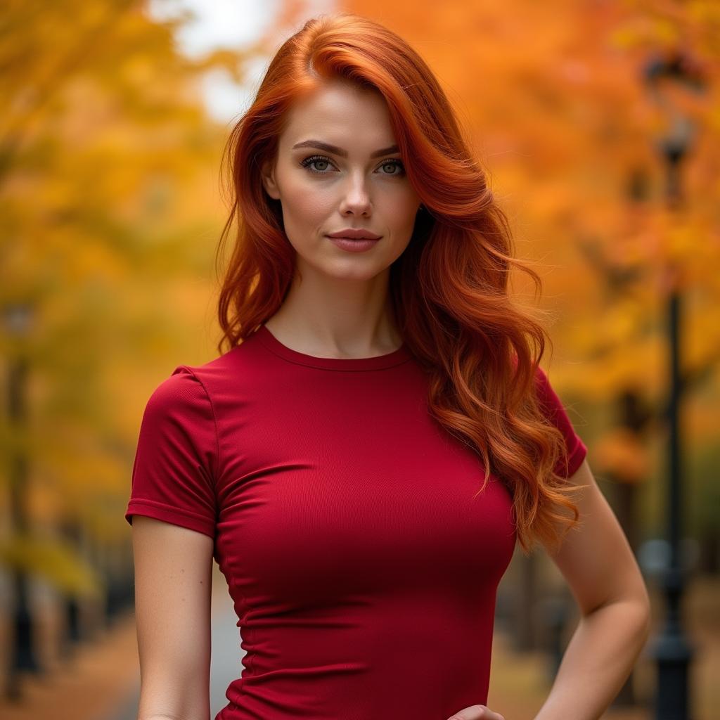 A gorgeous female redhead with a petite frame, wearing a stylish red top that highlights her large chest