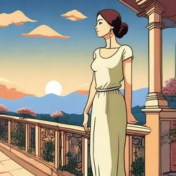 A high-quality cartoon image depicting a woman standing on a terrace, looking at the sky with a peaceful expression