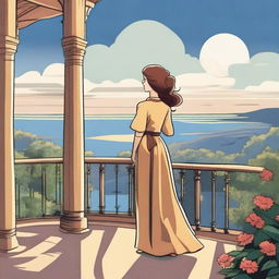 A high-quality cartoon image depicting a woman standing on a terrace, looking at the sky with a peaceful expression