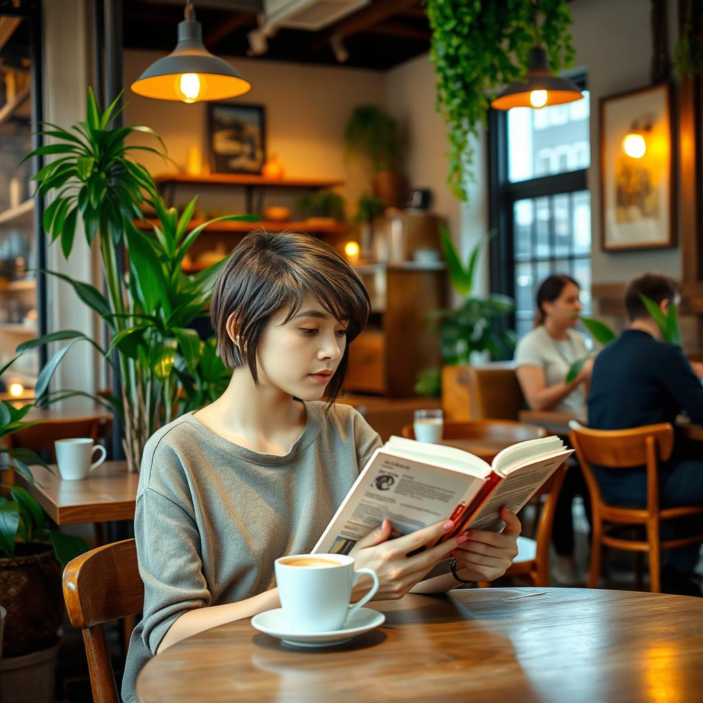 A charming scene featuring a cozy, rustic café interior with warm lighting, wooden furniture, and an inviting atmosphere