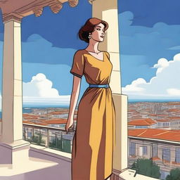 A high-quality cartoon image depicting a woman standing on a terrace, looking at the sky with a peaceful expression