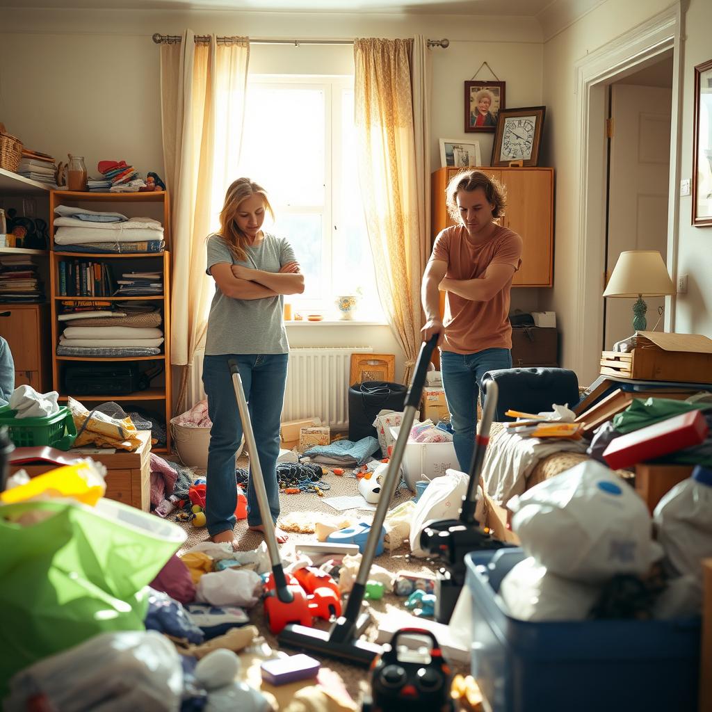 A scene depicting a man diligently cleaning a messy home, with various household items scattered around