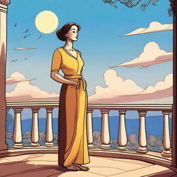 A high-quality cartoon image depicting a woman standing on a terrace, looking at the sky with a peaceful expression