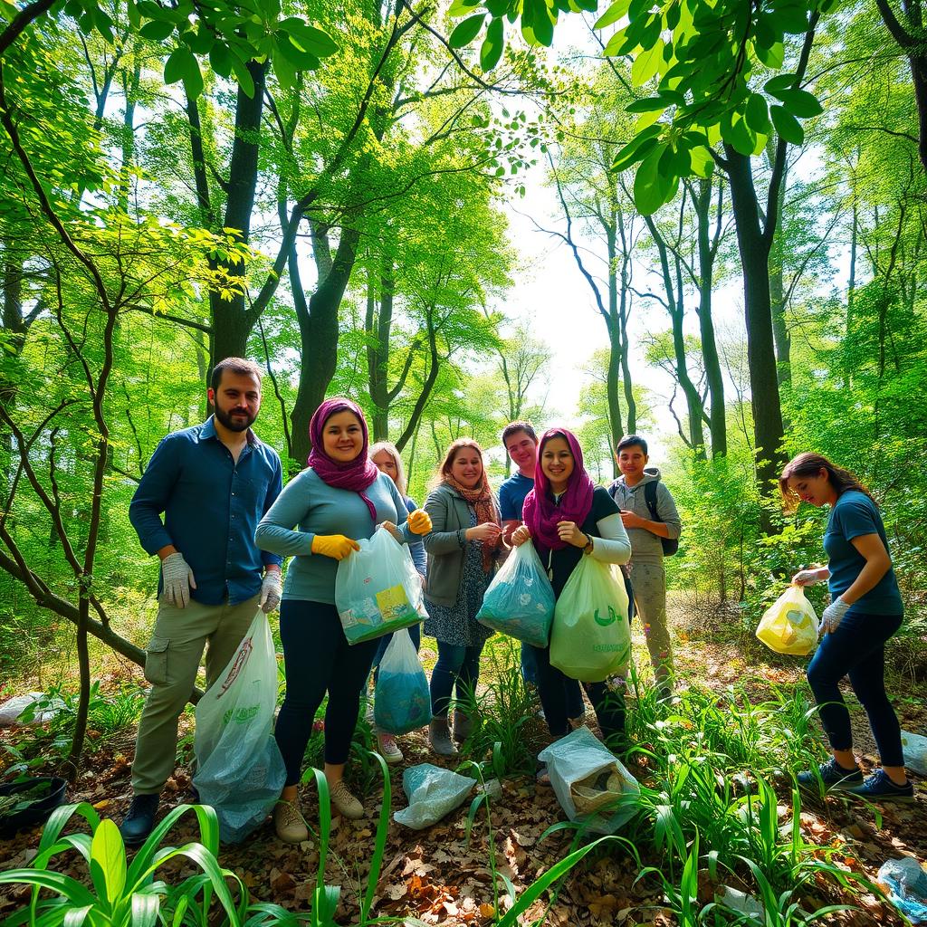A beautiful scene of people collecting litter from a pristine forest in northern Iran