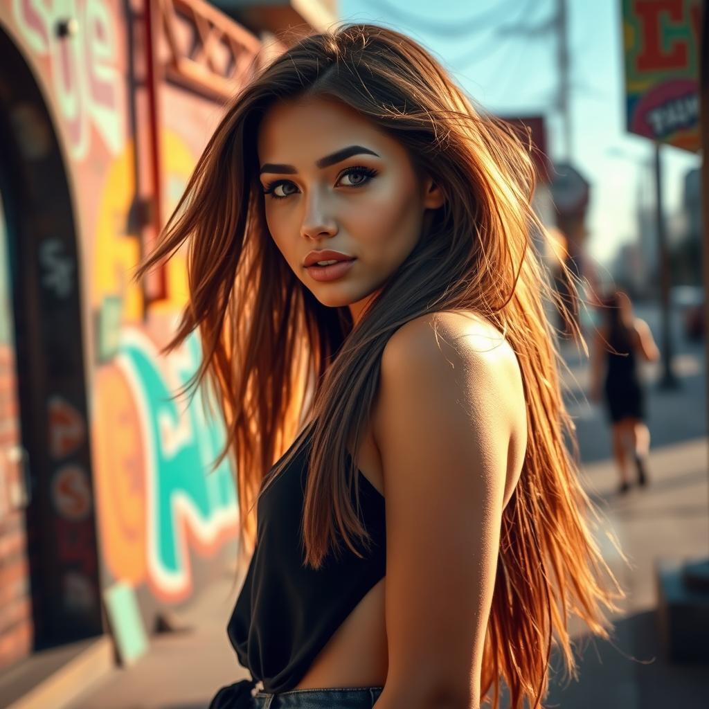 A stunning portrait of an attractive young woman with long flowing hair, wearing a fashionable outfit that highlights her figure, with a confident and alluring expression