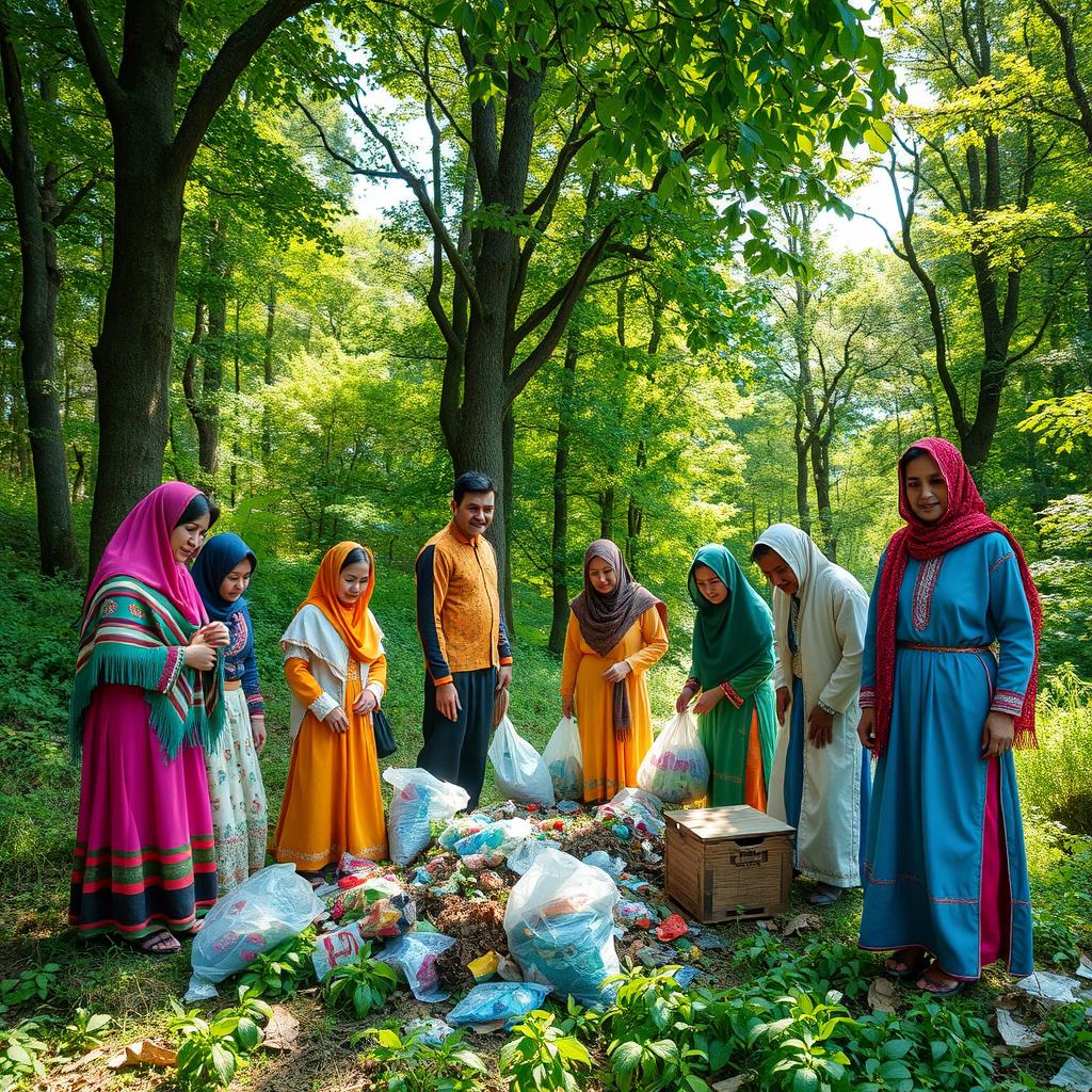 A vibrant and colorful scene set in the lush forests of northern Iran, where people are wearing traditional Iranian clothing while actively gathering litter and cleaning the environment