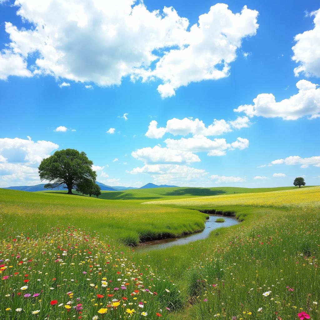 A serene and picturesque landscape featuring a lush green meadow under a bright blue sky dotted with fluffy white clouds