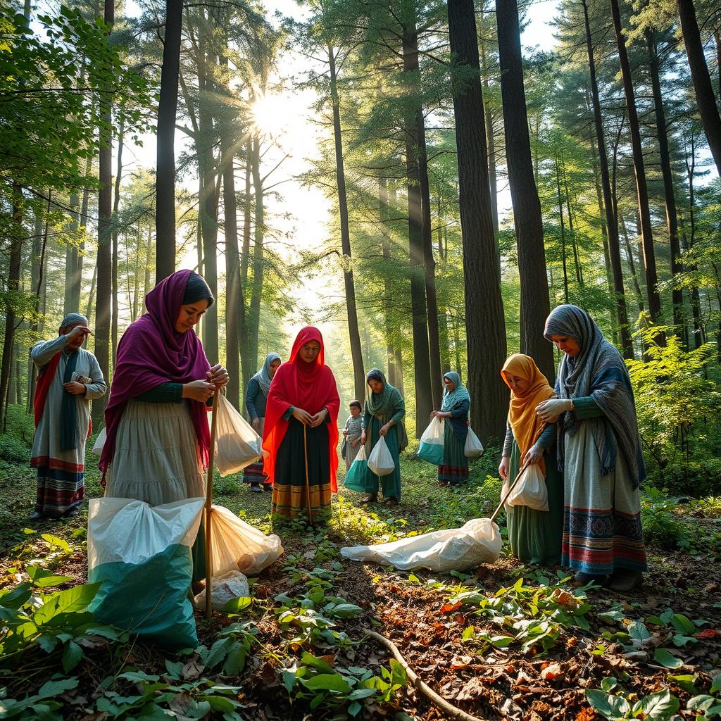 A lively scene depicting people in Gilan's traditional attire collecting litter in the beautiful forests of northern Iran